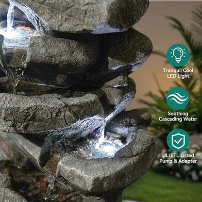20" H Rock Outdoor Water Fountain with LED Lights | Unique 5-Tier Cascading Waterfall for Garden Patio Yard, Weather-Resistant Polyresin Water Feature for Tranquil Zen Oasis - color: 20"h-rock Gray
