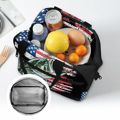 Kids Lunch Bag American Flag Fishing Print: Insulated Interior Fits Sandwich + Fruit + Water Bottle - Keeps Fresh - Ideal for Independence Day Picnic, Boat Trip & Fishing Adventure - color: American Flag Fishing Print