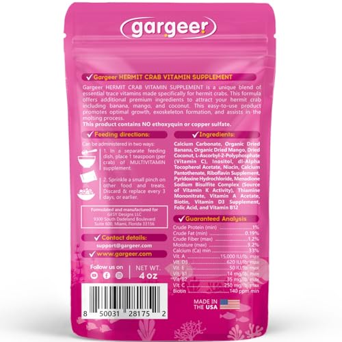 Gargeer 4oz Hermit Crab Multi-Vitamin Supplement. Promote Growth, USA Made | Complete vitamin & molting support! 33% calcium + A, D3, E & C with organic banana, mango & coconut. Zero chemicals - size: 4 Ounce (Pack of 1), style: Multi-Vitamin