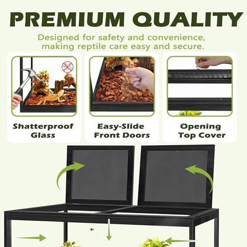 82 Gallon Bearded Dragon Tank, 48 x 20 x 20 Inch Tempered Glass Reptile Enclosure with Metal Mesh Top, Lockable Sliding Front Doors, Large Lizard and Snake Terrarium, Black - color: Black, size: 82 Gallon (48x19.5x19.5 Inch)