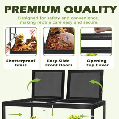 82 Gallon Bearded Dragon Tank, 48 x 20 x 20 Inch Tempered Glass Reptile Enclosure with Metal Mesh Top, Lockable Sliding Front Doors, Large Lizard and Snake Terrarium, Black - color: Black, size: 82 Gallon (48x19.5x19.5 Inch)