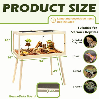 Bearded Dragon Tank with Leg Stand 34 Gallons, Wooden Lizard Tank,Reptile Tank with Metal Mesh Roof Door, Acrylic Panel Snake Tank with Lock Design (Oak, 32"x16"x16") - color: Oak, size: 32"x16"x16"