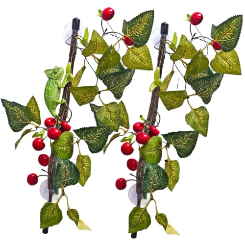 BNOSDM 2PCS Reptile Climbing Branch, Bendable Jungle Vine with Leaves Terrarium Plant Decoration with Suction Cup Chameleon Cage Accessories for Gecko Lizard Bearded Dragons Snake (Cherry) - color: Cherry