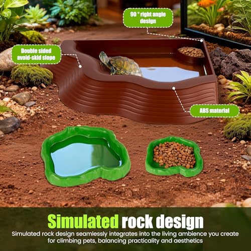 3 Pcs Tortoise Water Bowl with Ramp, Reptile Food Water Bowl Turtle Pool, Tortoise Bathing Pool Turtle Soaking Dish Aquarium Habitat Accessories(trumpet-3-brown Plus Green) - color: trumpet-3-brown plus green