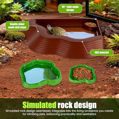 3 Pcs Tortoise Water Bowl with Ramp, Reptile Food Water Bowl Turtle Pool, Tortoise Bathing Pool Turtle Soaking Dish Aquarium Habitat Accessories(trumpet-3-brown Plus Green) - color: trumpet-3-brown plus green