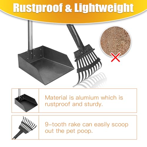 Pooper Scooper, Dog Pooper Scooper Long Handle Stainless Metal Tray and Rake for Medium Small Dogs Heavy Duty Pet Supplies to Use for Grass, Dirt or Gravel - size: 1. Rake + Tray