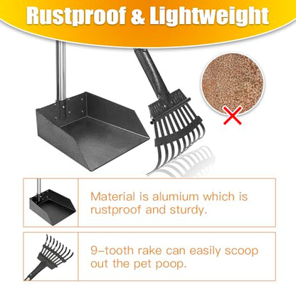 Pooper Scooper, Dog Pooper Scooper Long Handle Stainless Metal Tray and Rake for Medium Small Dogs Heavy Duty Pet Supplies to Use for Grass, Dirt or Gravel - size: 1. Rake + Tray