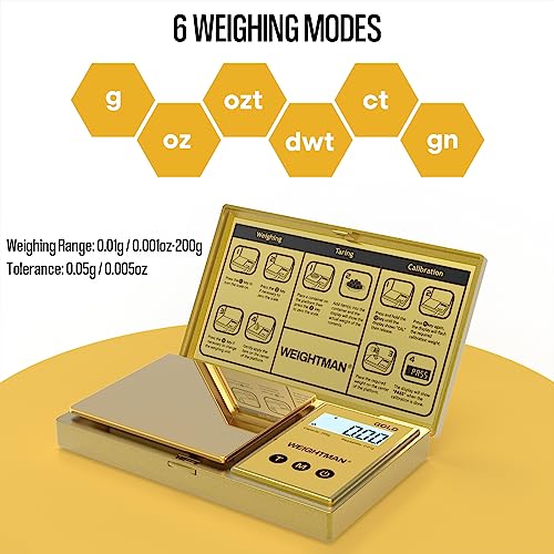 WEIGHTMAN Digital Scale Gram, 200g/0.01g Pocket Scale Gold Titanium Plating | LCD Backlit Display, Mini Jewelry Scale with 6 Units, Auto Off, Tare Function for Food, Coins, Battery Included - color: Gold