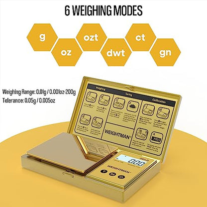 WEIGHTMAN Digital Scale Gram, 200g/0.01g Pocket Scale Gold Titanium Plating | LCD Backlit Display, Mini Jewelry Scale with 6 Units, Auto Off, Tare Function for Food, Coins, Battery Included - color: Gold