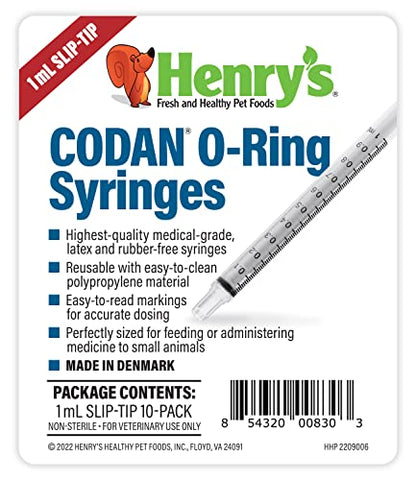 Henry's Healthy Pets CODAN Slip-Tip O-Ring Syringes, 1 mL (10 Pack)