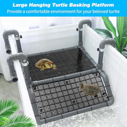 SKARUS Extra Large Hanging Turtle Basking Platform for 65-150 Gallon Tanks | 7.9"-13.8" Adjustable Height, 13.4" Non-Slip PVC Ramp, Dry Resting Dock for Tortoises, Frogs, Small Reptiles - size: 13.4"W