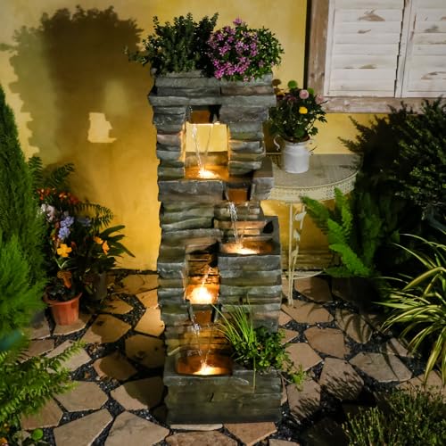 Tankana 60 inches Large Outdoor Water Fountain Waterfall — Garden Rock Fountains 4-Tiered Waterfalls Outdoor with Lights Natural Stone Look Hollow Fountain for Patio Pool Porch Backyard, Stone Gray