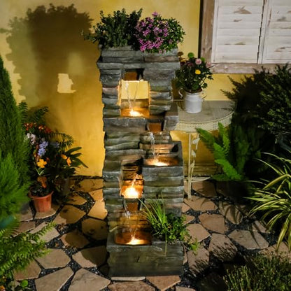 Tankana 60 inches Large Outdoor Water Fountain Waterfall — Garden Rock Fountains 4-Tiered Waterfalls Outdoor with Lights Natural Stone Look Hollow Fountain for Patio Pool Porch Backyard, Stone Gray