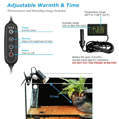 Smart Heat Lamp for Reptiles with Auto Timer (2/4/8 Hours) 50W UVA UVB Light Bulb, Dimmable Basking Spot Light, Pet Heating Lamp for Turtle, Lizard, Snake, Beared Dragon, Bird Cage