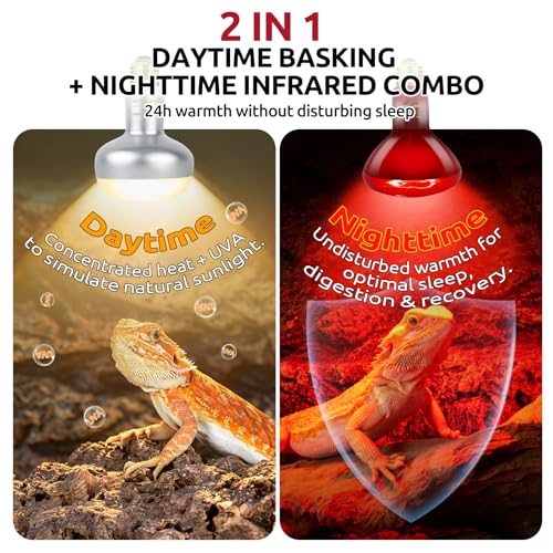 REPTI ZOO 150W Reptile Heat Lamp Bulb Combo – Day & Night Basking Light Set, 2 Pack Frosted UVA Spot Bulb + Infrared Heat Lamp, No-Disturb Nighttime Warmth for Bearded Dragon, Tortoise, Snake, Lizard