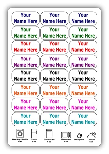 24 Large Personalized Waterproof Name Labels. Press and Stick Multi use Custom Name Labels. Customized 2 Lines of Text and Color. ID Identification Name Stickers with Permanent Self Adhesive. - color: 24 Large Labels - White Background