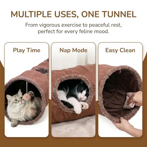 51"x 12" Collasiple Cat Play Tunnel, Cats Tubes and Tunnels, Cat Foldable Hide and Seek Tunnel Toy, Brown Suede Pet Tube Toy for Rabbits, Ferrets, Puppy, Diameter 12 Inch