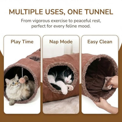 51"x 12" Collasiple Cat Play Tunnel, Cats Tubes and Tunnels, Cat Foldable Hide and Seek Tunnel Toy, Brown Suede Pet Tube Toy for Rabbits, Ferrets, Puppy, Diameter 12 Inch