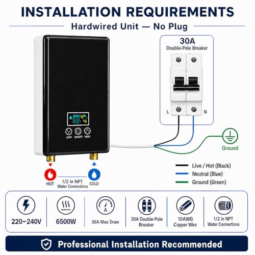 Tankless Electric Water Heater, 240V 6500W On-Demand Instant Hot Water Heater with Digital Display & Remote Control, Point-of-Use Under Sink for Kitchen, Laundry, RV, Bathroom - color: Black