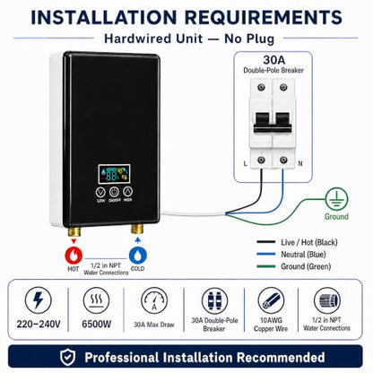 Tankless Electric Water Heater, 240V 6500W On-Demand Instant Hot Water Heater with Digital Display & Remote Control, Point-of-Use Under Sink for Kitchen, Laundry, RV, Bathroom - color: Black