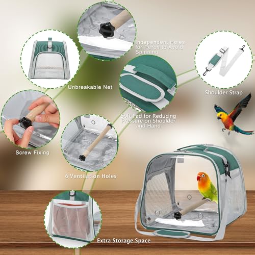 Small Bird Carrier, Large Window Travel Cage with Stand and Easy Clean Tray for Parrot Parakeet Cockatiels, Lightweight and Portable, Green - color: Green