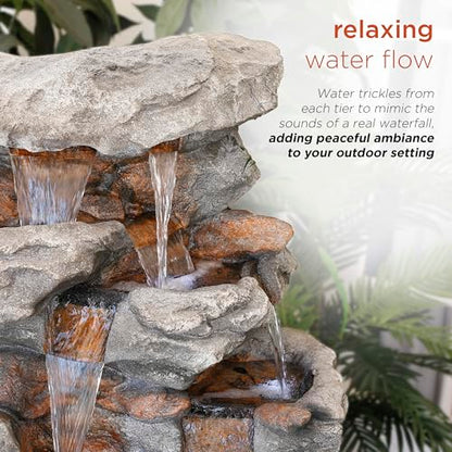 Alpine Corporation WIN730 Outdoor Floor Tiered Rock Waterfall Fountain with LED Lights and Natural Stone Look, 52", Brown - style: 5-Tier 52" H - Cool White LEDs