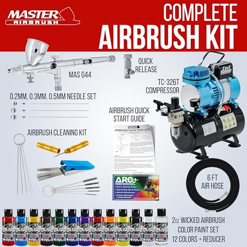 Master Airbrush Multi-Purpose Air Brush Kit with Air Compressor - G444 Airbrush, TC-326T Dual Fan Tank Compressor, 3 Needle Nozzle Tips, 12 Createx Wicked Acrylic Paints and Airbrush Cleaning Kit - size: G444 Airbrush Kit