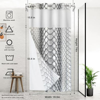 Gray Snake Scale No Hooks Shower Curtain with Snap in Liner Set, Glossy Hexagonal Pattern Tub Curtainn Mesh Top Window & Magnetic Hem Waterproof 35.5X74 Inch - color: Gray Snake Scale 1 Gray03, size: 35.4"W x 74"L (Pack of 1)