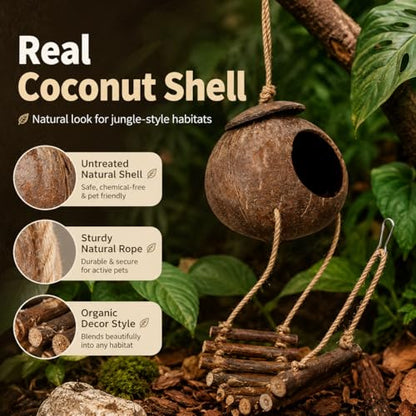 Hanging Coconut Hide for Crested Hide Hut with Climbing Ladder, Natural Shell Cave Hideout for Leopard Reptiles