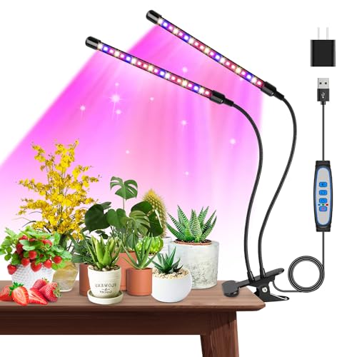 Grow Lights for Indoor Plants, 2 Heads Clip On Plant Light, 40 LEDs | RedBlue Plant Light, Timer 6/12/16Hrs, 3 Spectrums, 5 Dimmable Levels, Flexible Gooseneck - size: (1 Pack)2 Arms