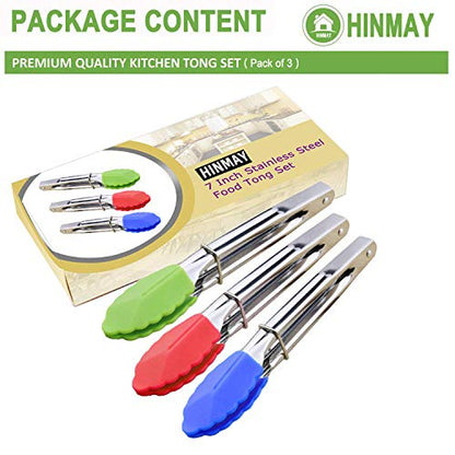HINMAY 7-Inch Mini Tongs with Silicone Tips, Set of 3 (Green Red Blue) | 7-Inch Serving Tongs - color: Red Blue Green