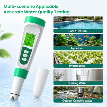 Salt Tester for Saltwater Pool & PH Meter, High Accuracy Pool Salt Tester, 5 in 1 Salinity PH Temp EC TDS Meter for Pool Hot Tub Swimming Aquarium, Daily Maintenance & Water Quality Testing, Green
