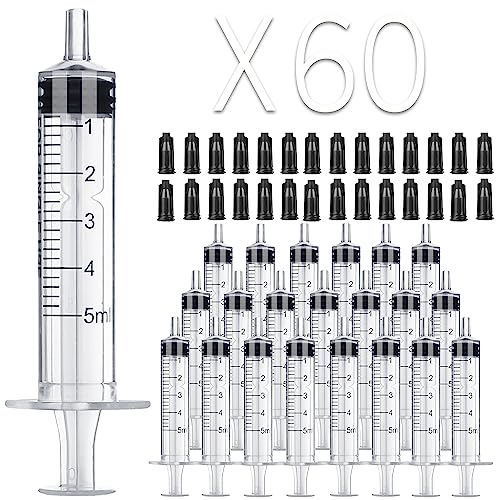 60Pack 5ml Syringe Without Needle - 5 ml Small Plastic Syringes Sterile Individually Packed with Cap for Lab Medicine Student Measuring Liquid and Pet Dog Cat Baby Feeding Oral Colostrum ( 5cc /ml )