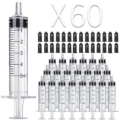 60Pack 5ml Syringe Without Needle - 5 ml Small Plastic Syringes Sterile Individually Packed with Cap for Lab Medicine Student Measuring Liquid and Pet Dog Cat Baby Feeding Oral Colostrum ( 5cc /ml )