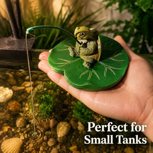 Resin Floating Reptile Ornament on Leaf Pad - Hand-Painted Aquarium Figurine in Small Sizes, Foam Resin Float with Fishing Pose for Fish Tank, Paludarium, Terrarium and Mini Water Garden