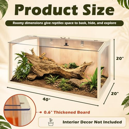 Bearded Dragon Tank, Lizard Tank with Clear Tempered Glass, Anti-Scratch Reptile Enclosure, Reptile Tank Built-in Light Fixtures with Switch (40X20X20inch,65 Gallons) - color: Transparent Roof, size: 40X20X20inch,65 Gallons