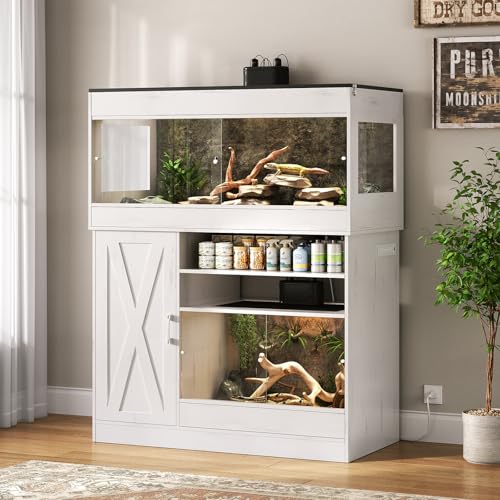 Dual Reptile Tank with Stand 120 Gallon & 60 Gallon Terrarium | Reptile Enclosure with Power Outlet for Bearded Dragons Snakes Lizards Chameleon Gecko Sliding Acrylic Doors Mesh CAGE004E - color: Vintage White, size: 120 gallon+60 gallon