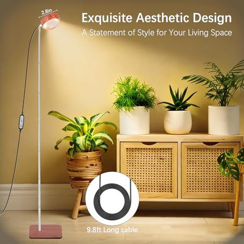 Grow Light for Indoor Plants, Full Spectrum Floor Plant Lamp with Convex Lens, Timer 6/12/18H, Faux Walnut Wood Grain, 12-57 inches Height Adjustable Desktop and Standing Growing Light