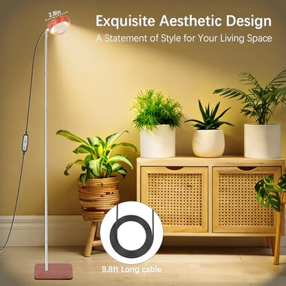 Grow Light for Indoor Plants, Full Spectrum Floor Plant Lamp with Convex Lens, Timer 6/12/18H, Faux Walnut Wood Grain, 12-57 inches Height Adjustable Desktop and Standing Growing Light