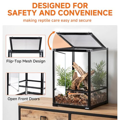 34 Gallon Reptile Tempered Glass Terrarium, 18" x 18" x 24" Rainforest Reptile Habitat Tank with Sliding Single Door, Removable Glass Door Reptile Terrarium with Top Screen Mesh Ventilation - size: 18" x 18" x 24"