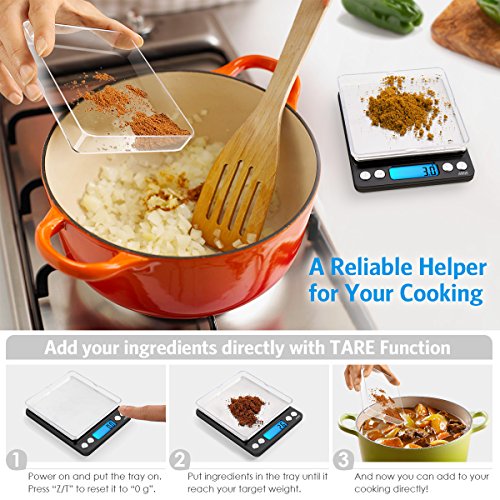 AMIR Digital Kitchen Scale, 3000g 0.01oz/0.1g Pocket Cooking Scale, Mini Food Scale, Pro Electronic Jewelry Scale with Back-Lit LCD Display, Tare & PCS Functions, Stainless Steel, Black - color: Black