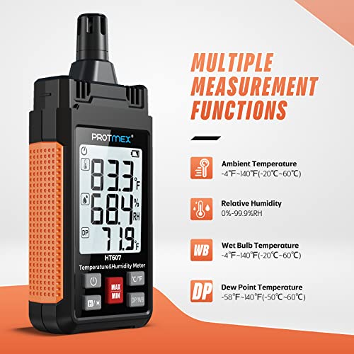HT607 Temperature Humidity Meter - Large LCD Backlight with Cover Protector | High-Precision Digital Hygrometer with Ambient, Relative Humidity, Dew Point, Wet Bulb Thermometer, Min/Max Hold