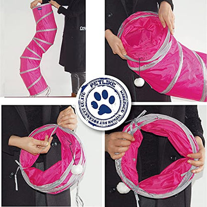 PetLike S Way Cat Tunnel Collapsible Pop-up Pet Tube Hideaway Play Toy with Ball (S-Way, Rose Red) - color: Rose Red, size: S-Way