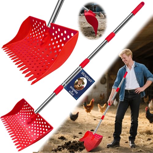 12" 2-in-1 Chicken Poop Scooper & Rake, 3-Shape Sifting Holes Chicken Coop Rake, Stainless Steel Handle (20–61") - Litter Scooper & Sand Sifting Shovel (U.S. Patent No. D1124534) - Red - color: Red