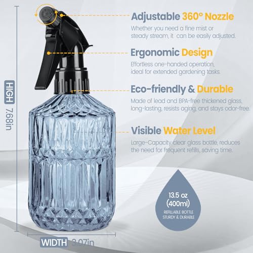 Glass Plant Mister Spray Bottle, 13.5 oz Refillable Plant Misters for Inside, Pretty Glass Spray Bottles for Cleaning, Hair, Cat, Succulent, Houseplant with Adjustable Mist Nozzle (Blue) - color: Blue