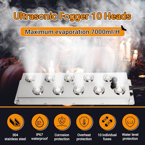 Ultrasonic Mist Fogger Maker 10 Heads, Mist Maker Fogger 7000ml/H | 350W & IP67 Waterproof Power Supply, with 2 Floats & 10 Atomizer Heads Replacements, Perfect for Pond, Greenhouse, Halloween - size: 10 Heads