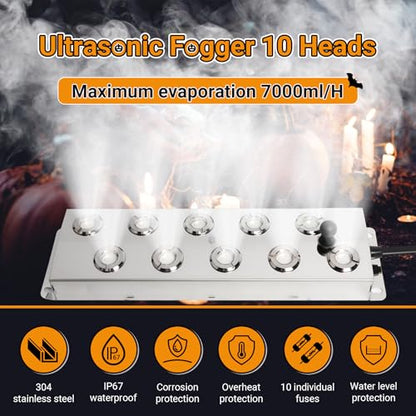 Ultrasonic Mist Fogger Maker 10 Heads, Mist Maker Fogger 7000ml/H | 350W & IP67 Waterproof Power Supply, with 2 Floats & 10 Atomizer Heads Replacements, Perfect for Pond, Greenhouse, Halloween - size: 10 Heads
