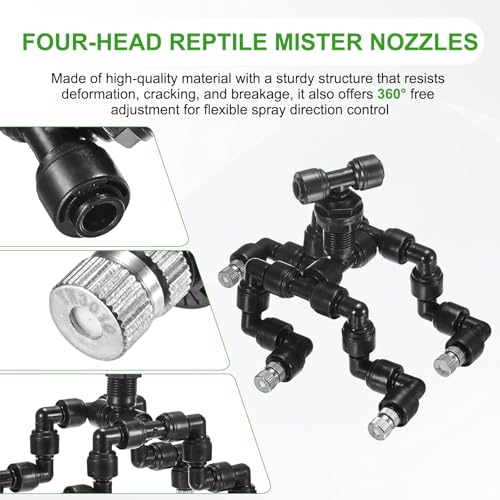 M METERXITY Reptile Mister Nozzles, 0.3mm Pore Copper 1/4" Four-Head Reptile Misting Spray Nozzle with Plug for Terrarium/Vivarium, 360 Degree Adjustable Detachable Nozzles [Black]