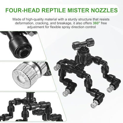 M METERXITY Reptile Mister Nozzles, 0.3mm Pore Copper 1/4" Four-Head Reptile Misting Spray Nozzle with Plug for Terrarium/Vivarium, 360 Degree Adjustable Detachable Nozzles [Black]