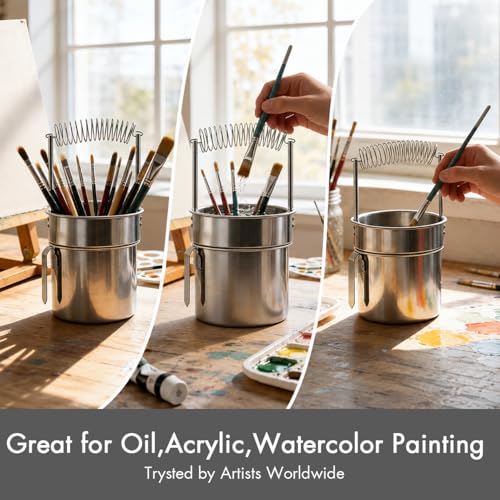 Double Layer Paint Brush Washer, Stainless Steel Oil Paint Brush Cleaner with Spiral Holder, Removable Strainer and Wash Tank for Oil, Acrylic, Watercolor